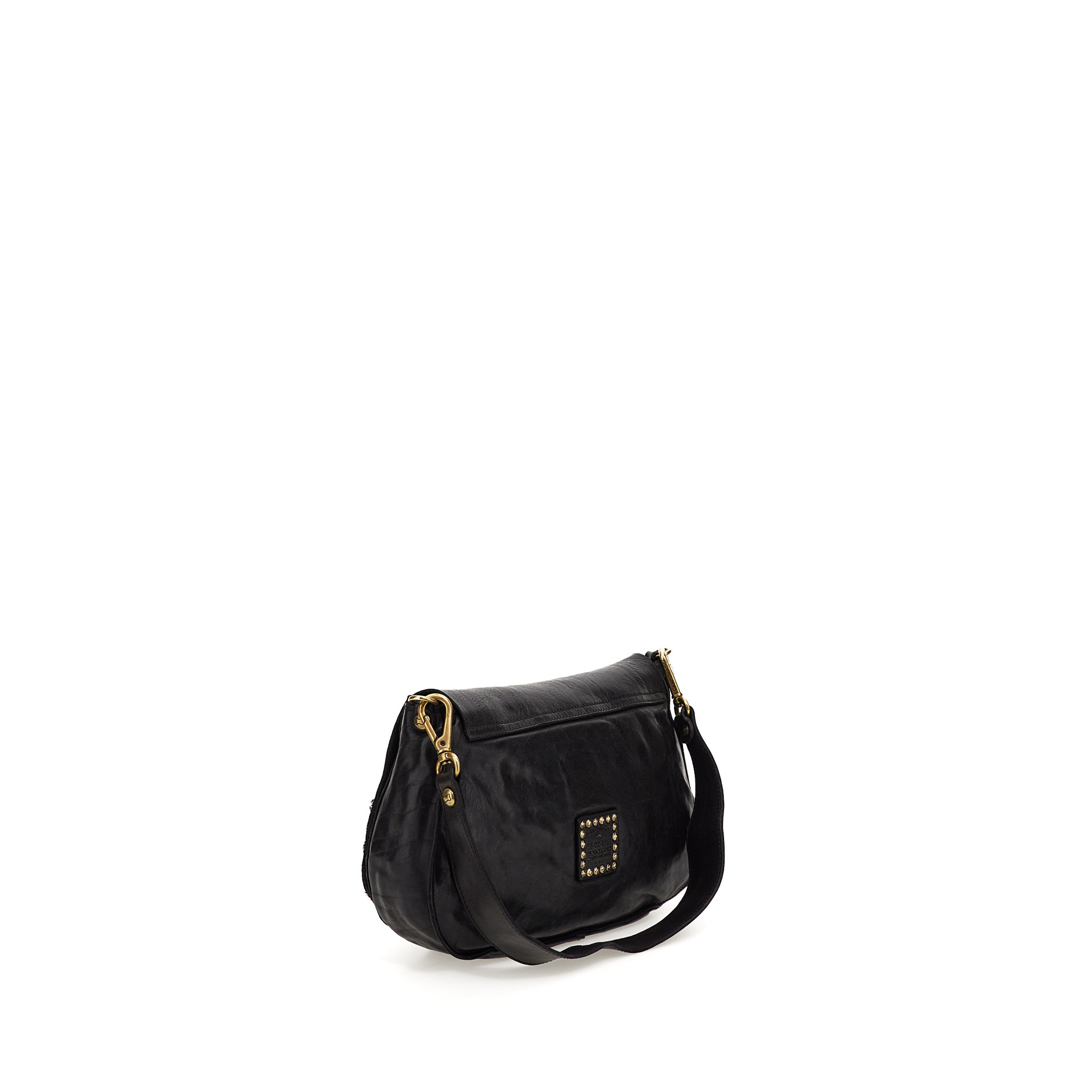 Campomaggi Shoulder bag. Leather w Flap + Bella di Notte Studs. P/D Black.
