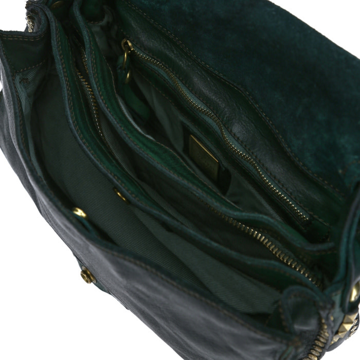Campomaggi Crossbody bag. Leather + Faceted Studs. P/D Green Bottle.