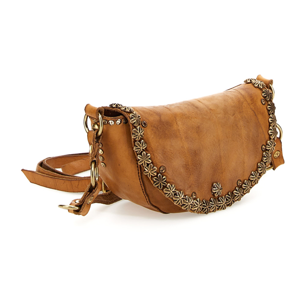 Campomaggi Crossbody Bag. Small. Leather + Flower Studs + Strass. P/D Camel.