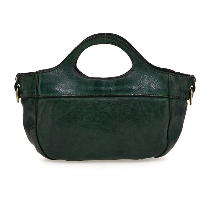 Campomaggi Mini Shopping Bag. Leather + Flower Studs. Green Bottle.