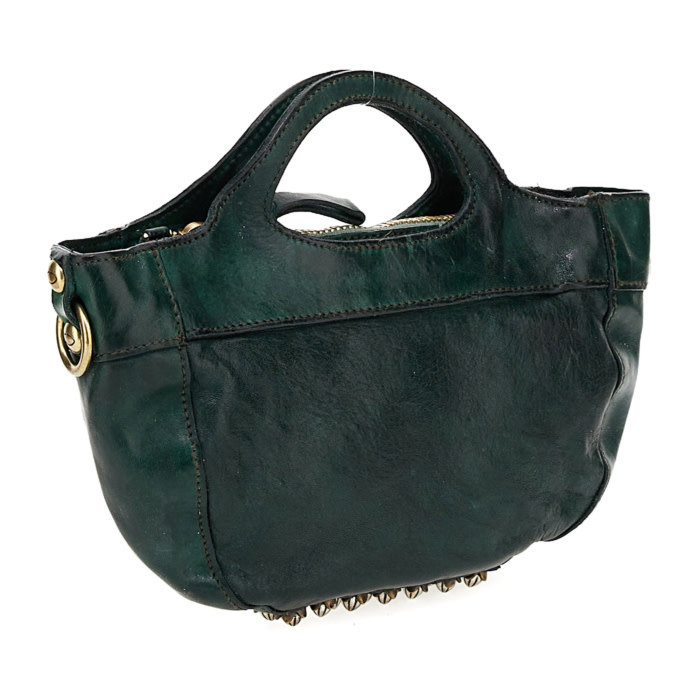 Campomaggi Mini Shopping Bag. Leather + Flower Studs. Green Bottle.