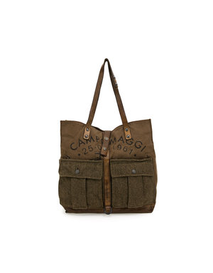 Campomaggi Shopper. Long Handles. Fabric and Leather. P/D Military + D/Grey + Black Print.