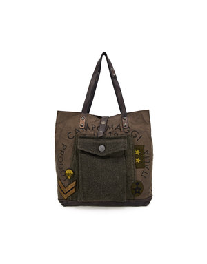 Campomaggi Shopping. Long Handles. Fabric and Leather. P/D Military + D/Grey + Black Print.