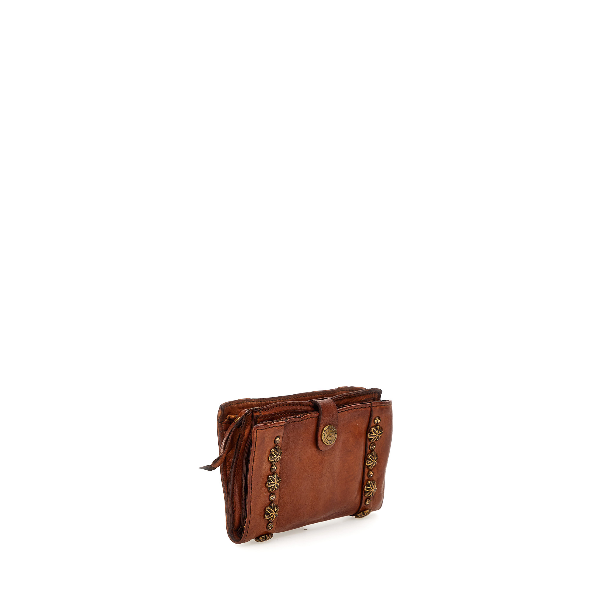 Campomaggi Wallet. Leather + Flower Studs + Strass. P/D. Cognac.