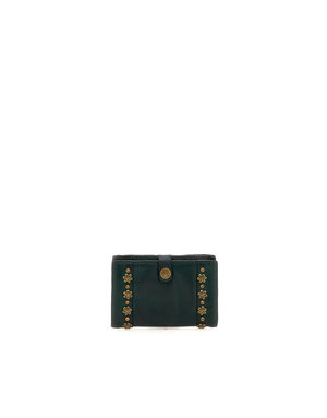 Campomaggi Wallet. Leather + Flower Studs + Strass. P/D. Green Bottle.