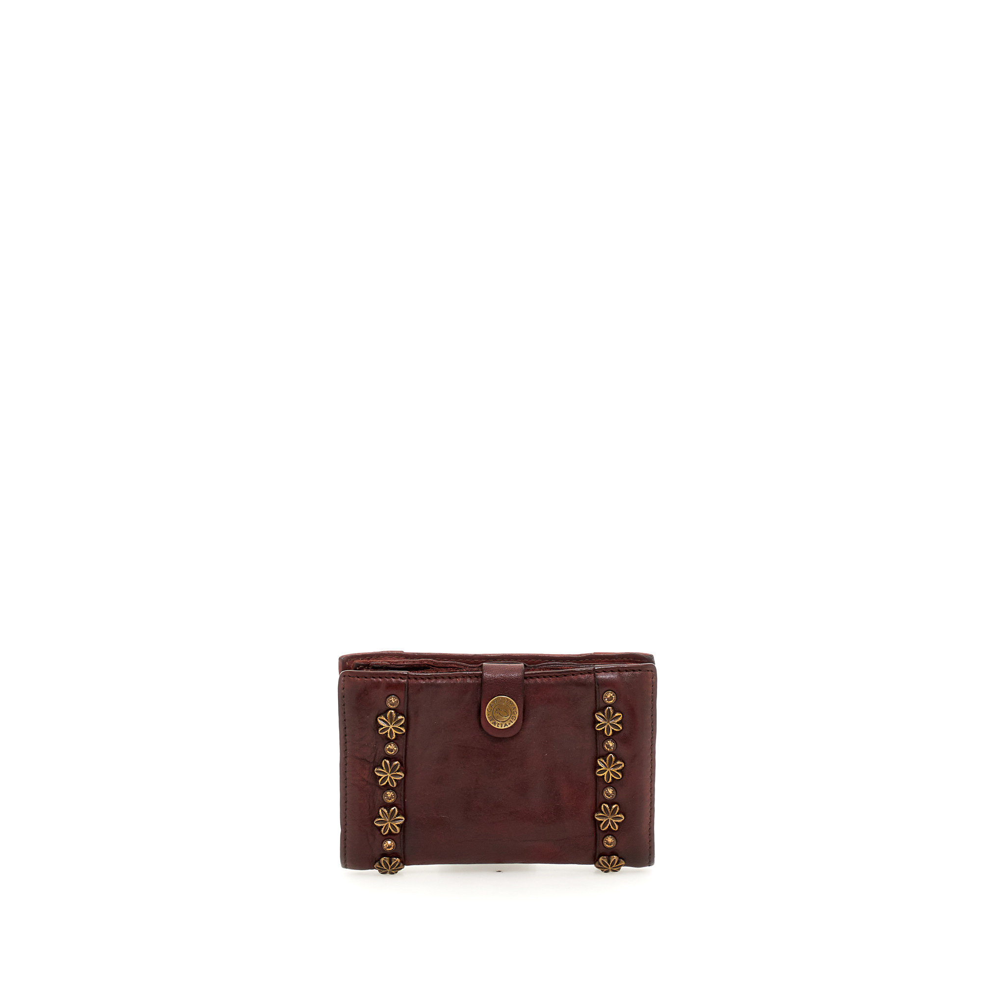 Campomaggi Wallet. Leather + Flower Studs + Strass. P/D. Wine.