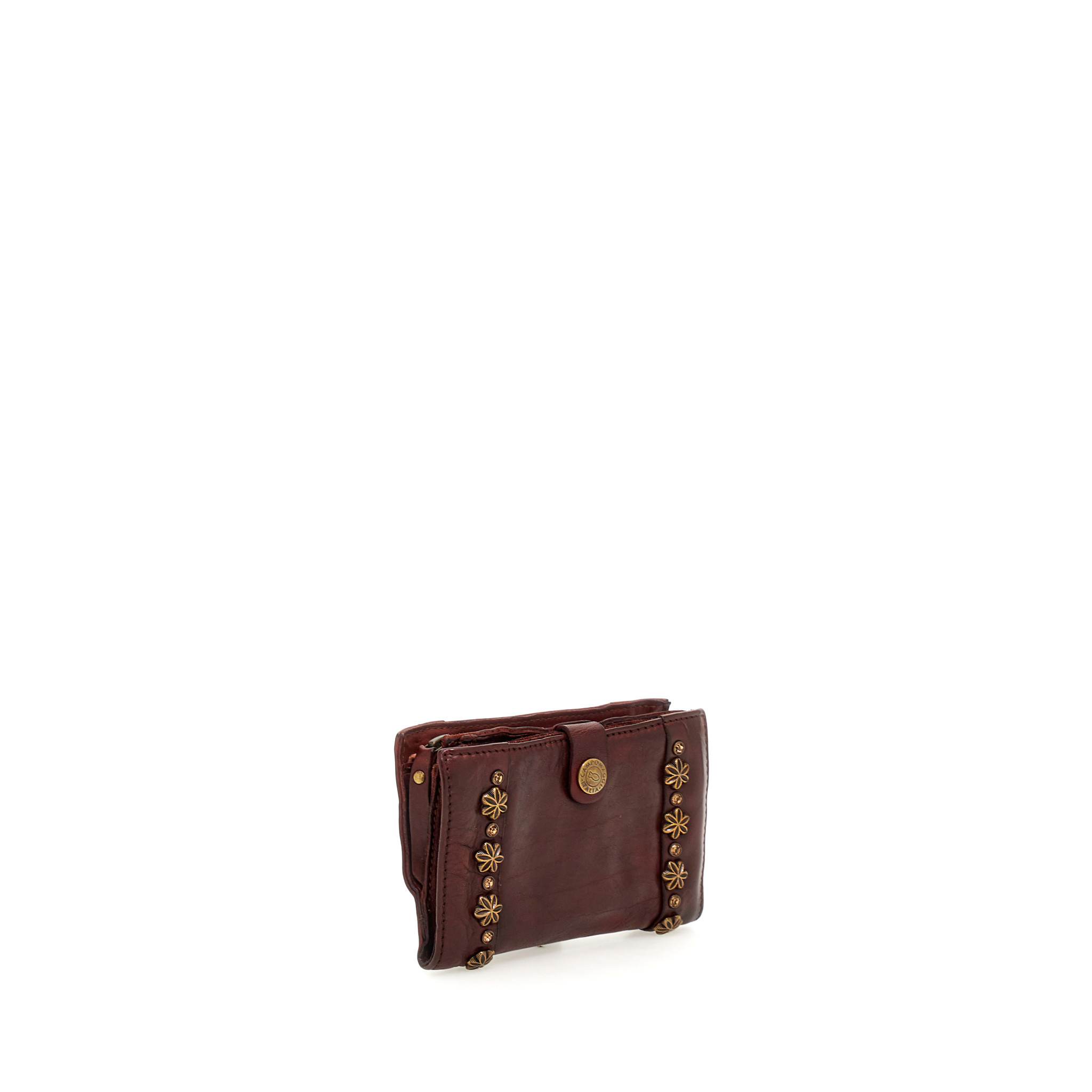 Campomaggi Wallet. Leather + Flower Studs + Strass. P/D. Wine.