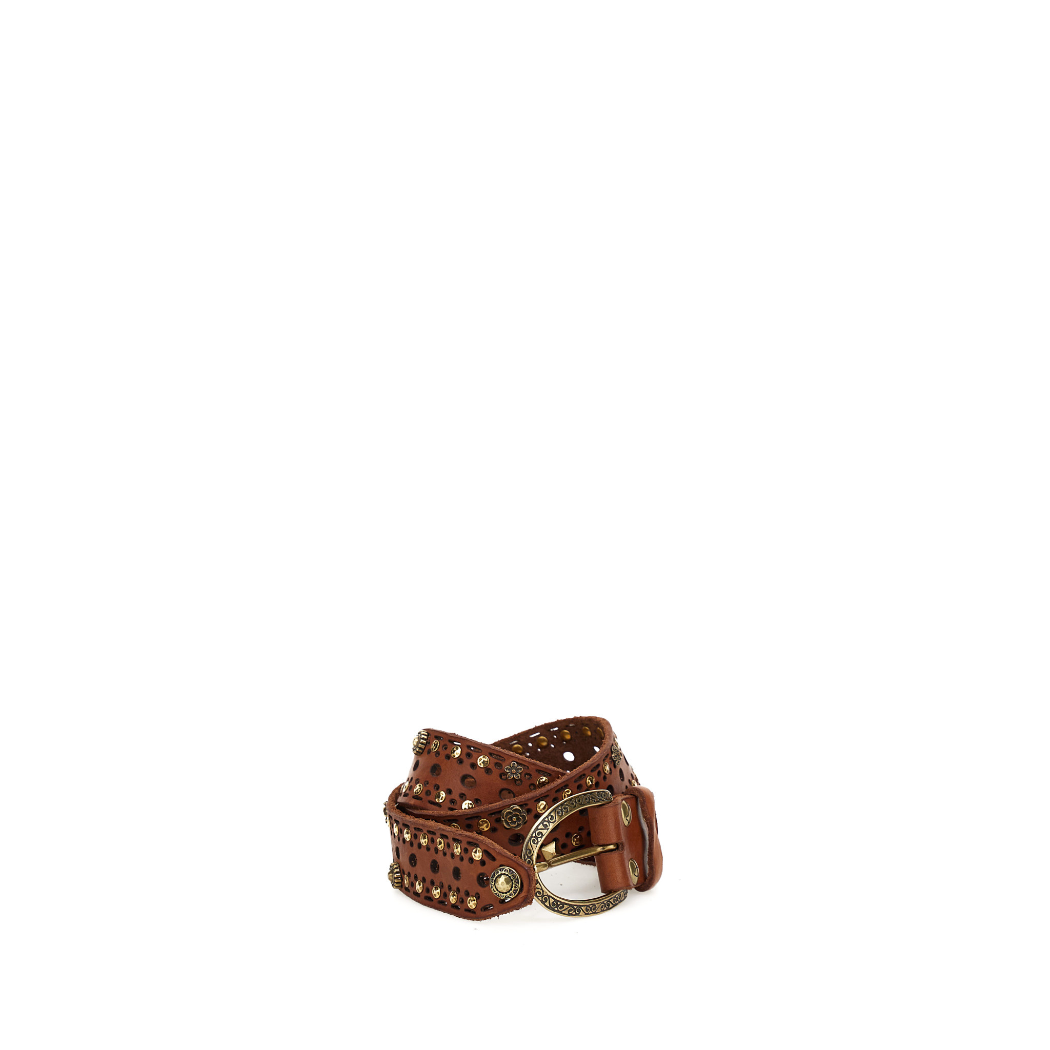 Campomaggi Belt. H4. Geometrical Perforated Leather + Flower Stud. P/D Cognac. S85