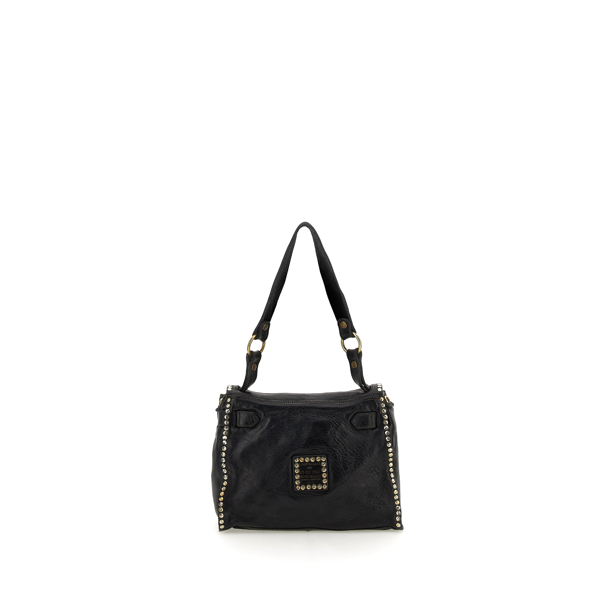 Campomaggi Shoulder bag. Leather + Studs. P/D Black.