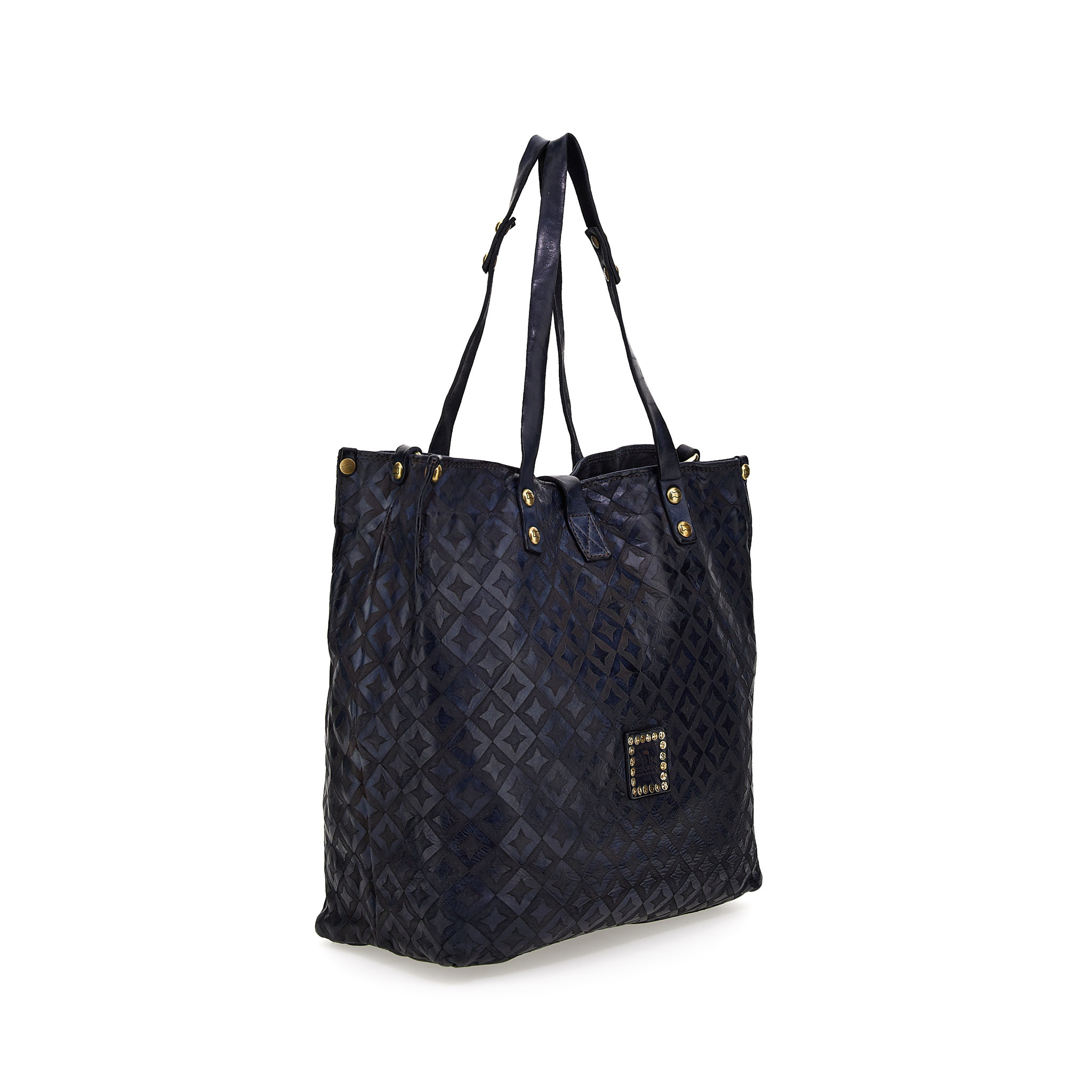 Campomaggi Shopping Bag. Small. Short Handles. Leather + Star Laser. P/D Blue Indigo