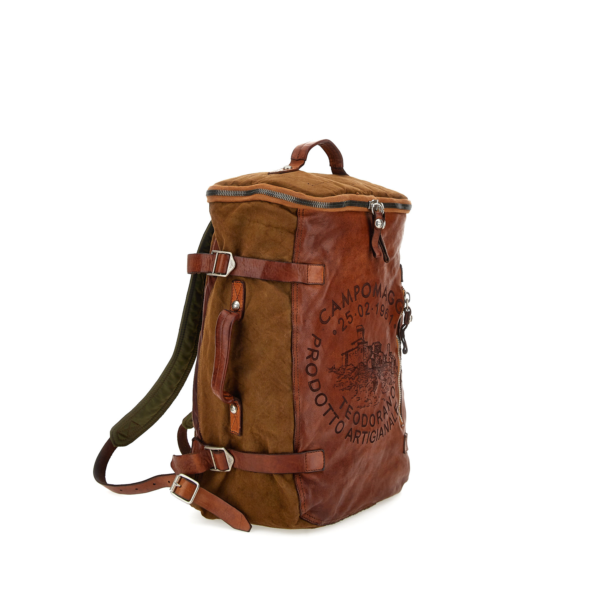 Campomaggi Marte Backpack/Suitcase. Fabric + Leather. P/D Military + D/Cognac
