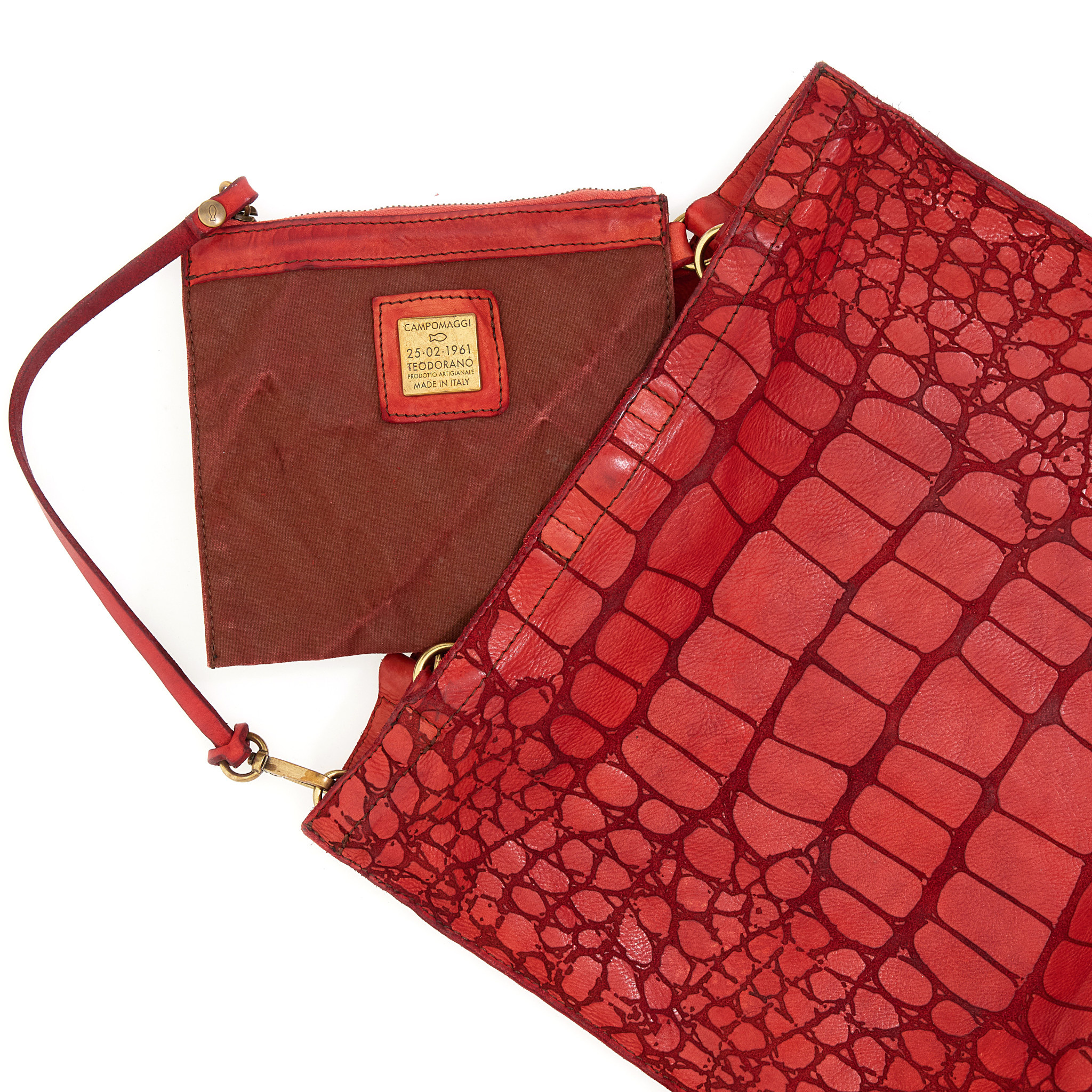 Campomaggi Shopping bag. Medium. Leather + Crocodile Print. P/D Red