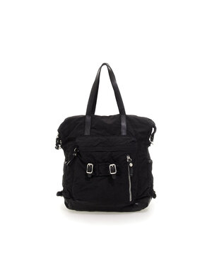 Campomaggi Backpack. Leather + Wrinkled Nylon. P/D Black + D/Black