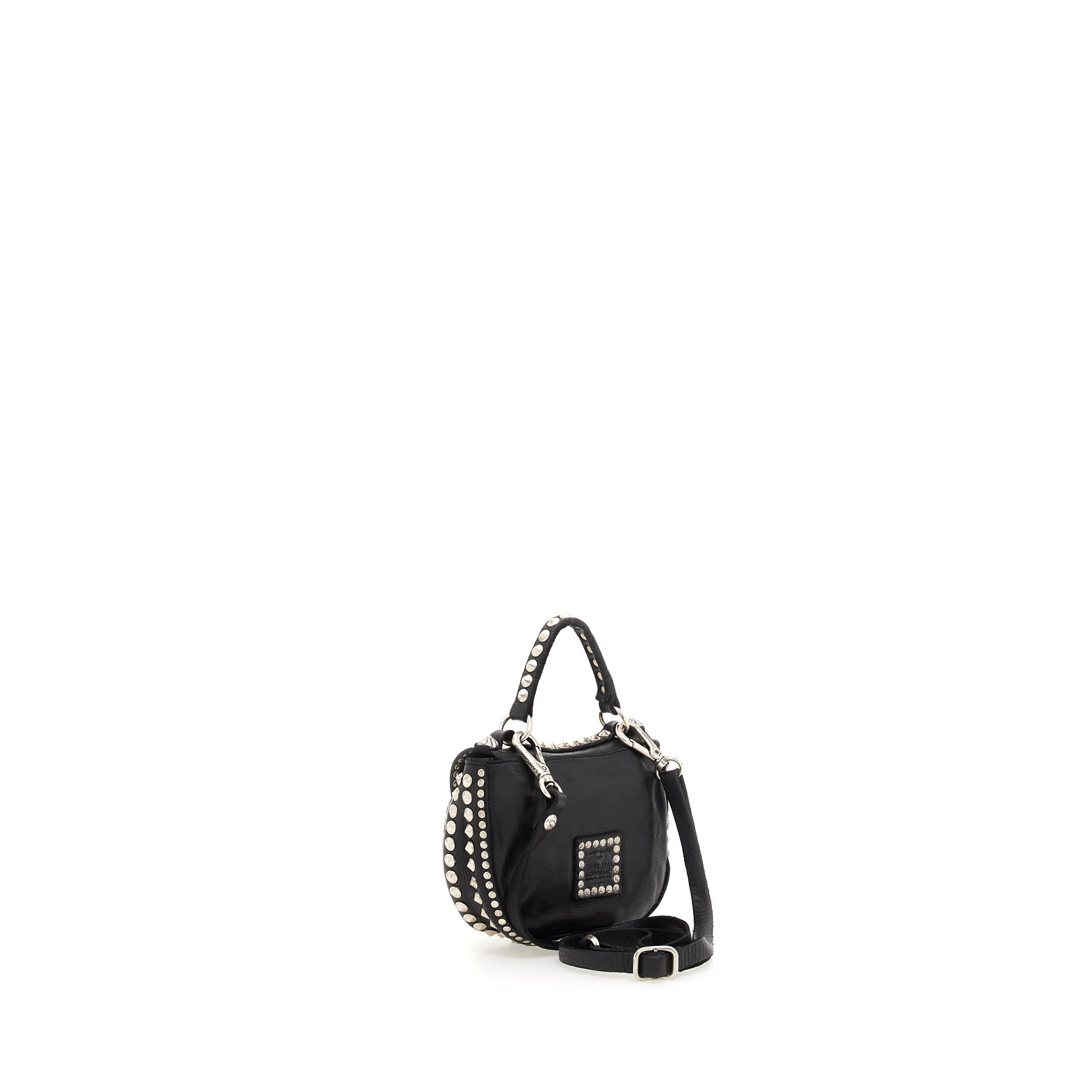 Campomaggi Crossbody Bag. Small. Leather + Cone Studs. P/D Black