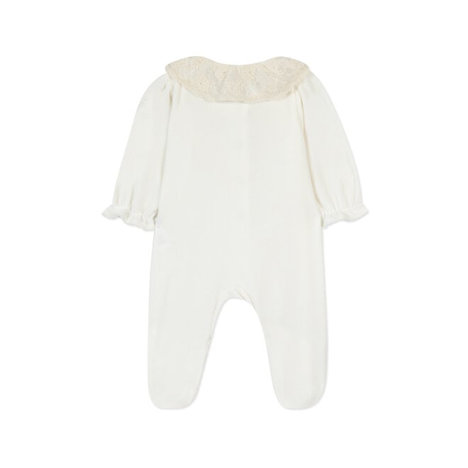 Cotton Footed Jumpsuit With Lace Collar  - Ecru