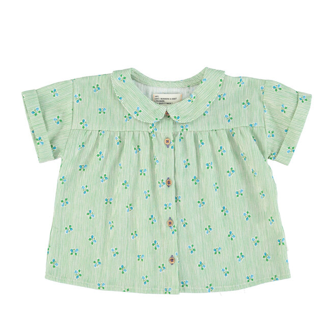 Peter Pan Collar Shirt - Green Stripes W/Flowers