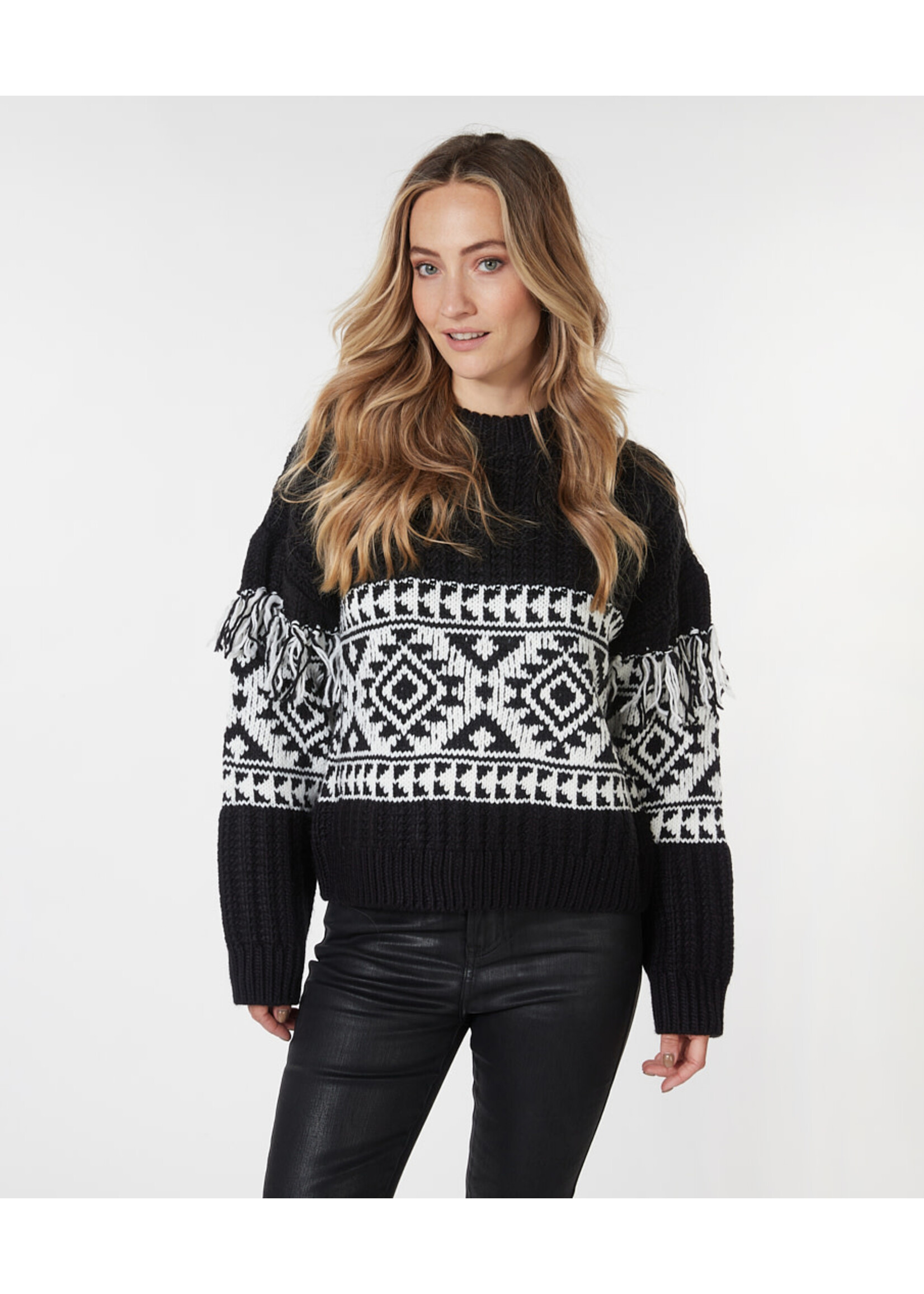 Esqualo Sweater jacquard fringes Black / White