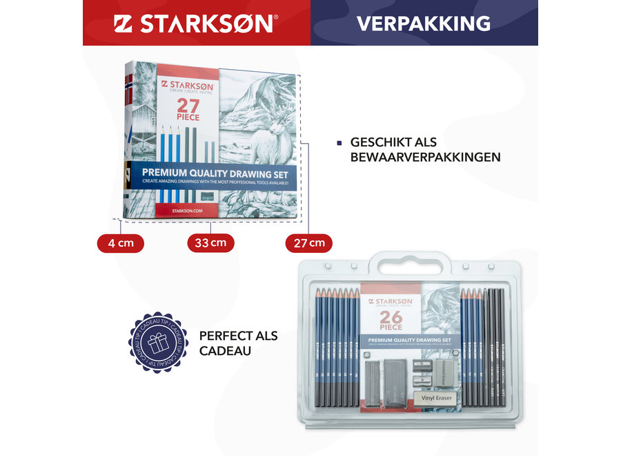 STARKSØN® Professioneel 27-Delige Potloden Tekenset incl. Tekenpotloden, Schetspotloden & Accessoires