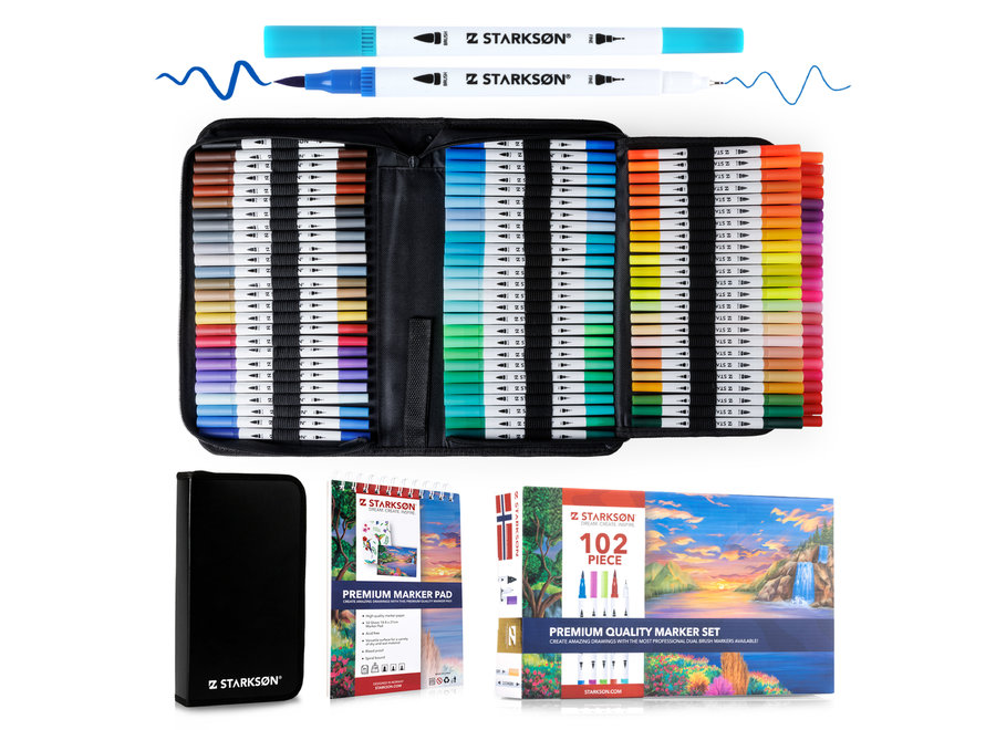 STARKSØN® 102 Stuks Twinmarkers Set – Dual Tip Brush Markers – Dubbelzijdige Stiften