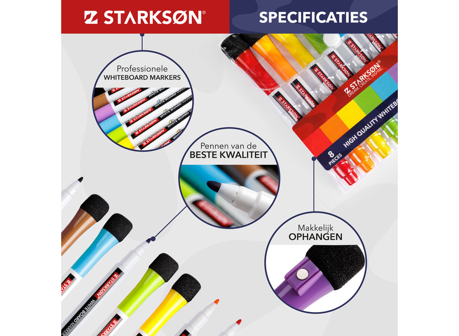 8 Stuks Whiteboard Markers incl. Wisser – Magnetisch – 1-2 mm – Zwart, Bruin, Paars, Blauw, Groen, Geel, Oranje & Rood