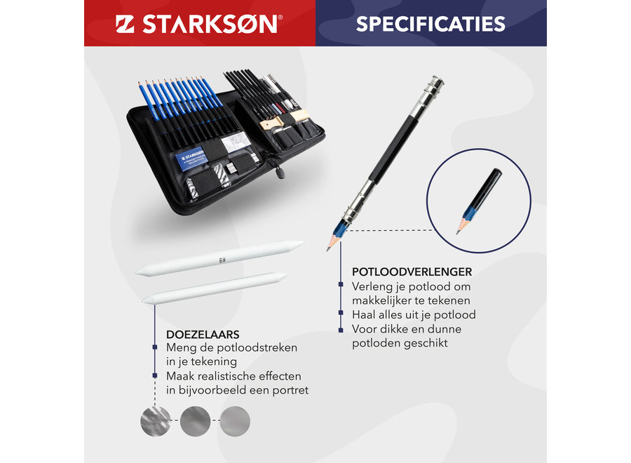 STARKSØN® Professioneel 41-Delige Potloden Tekenset incl. Tekenpotloden, Schetspotloden, Schetsboek & Accessoires