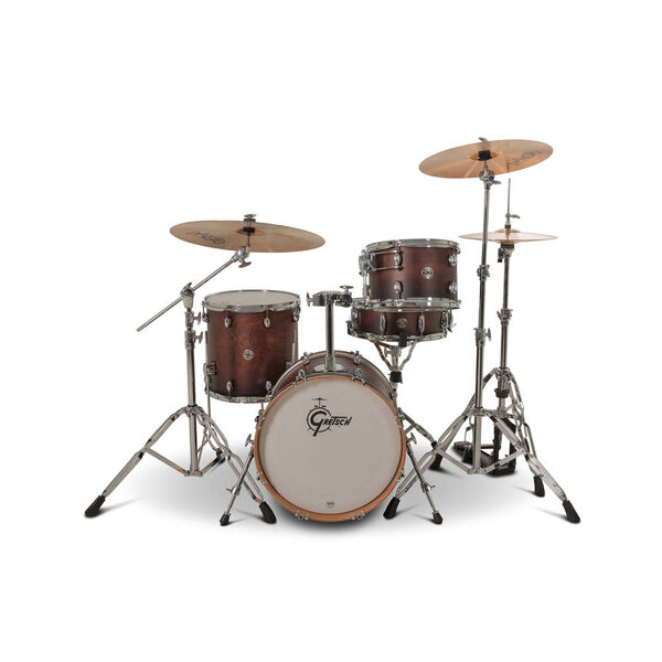 Front view of a Gretsch Catalina Club 18 inch drum kit in Satin Antique Fade with 12 inch rack tom and 14 inch floor tom