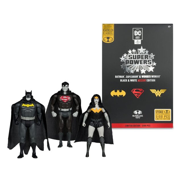 DC Direct Super Powers Action Figures Batman, Superman & Wonder Woman Black & White Accent Edition Gold Label 13cm