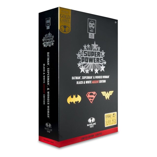 DC Direct Super Powers Action Figures Batman, Superman & Wonder Woman Black & White Accent Edition Gold Label 13cm