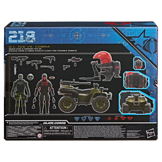 G.I. Joe Classified Series #218 Snake Eyes & Varmint ATV Vs. Stealth Viper & Cobra Stealth Flight Pod (Trubble Bubble)