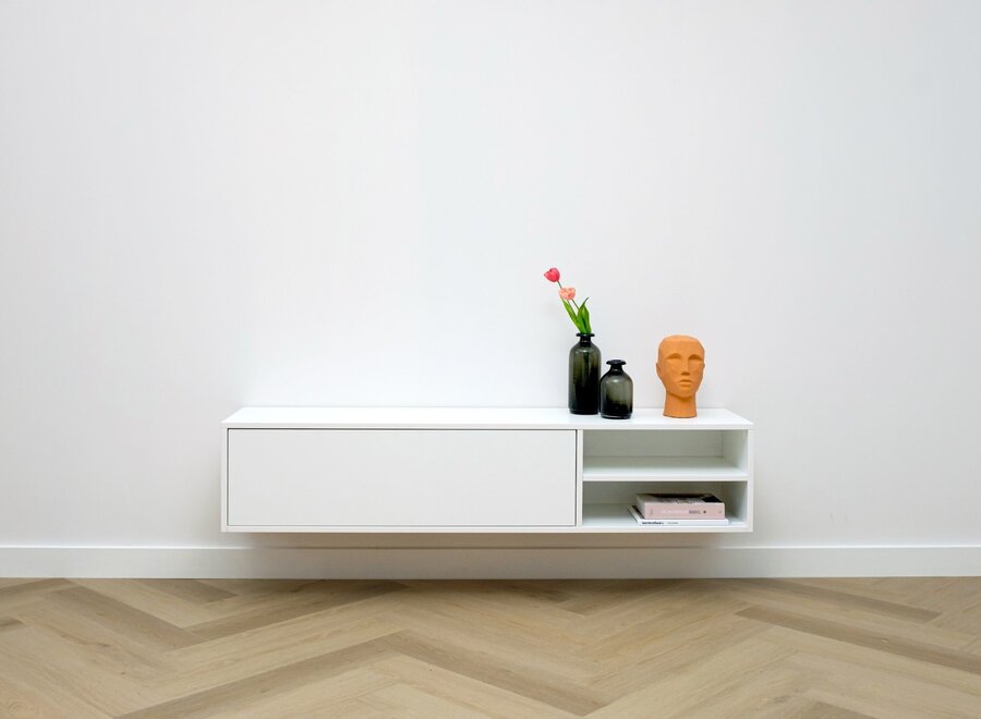 Zwevend tv meubel met open vak in wit