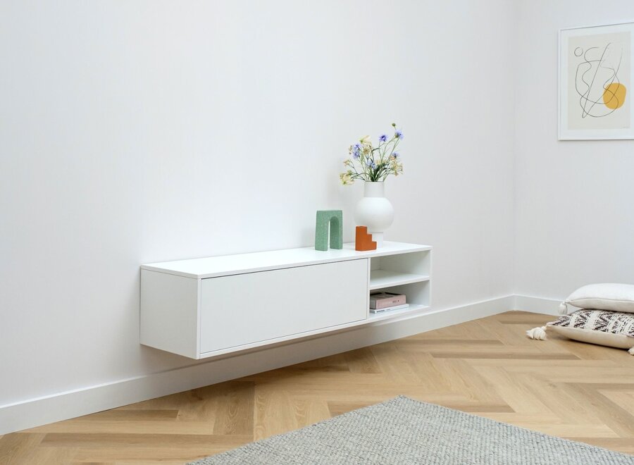 Zwevend tv meubel met open vak in wit