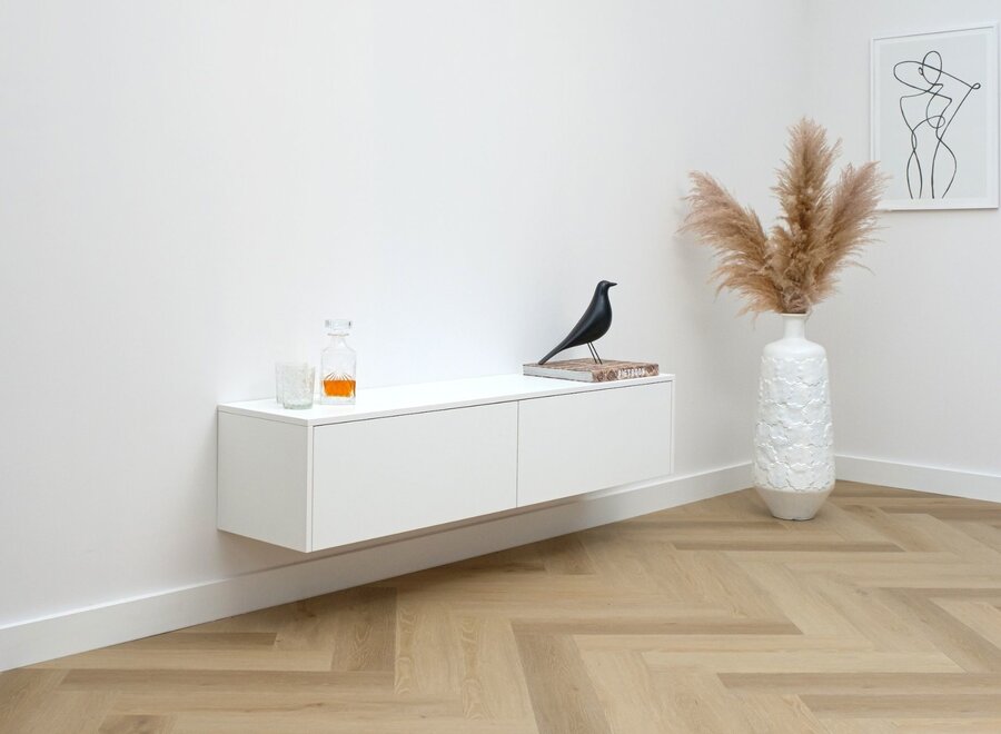 Zwevend Tv meubel met 2 kleppen in wit