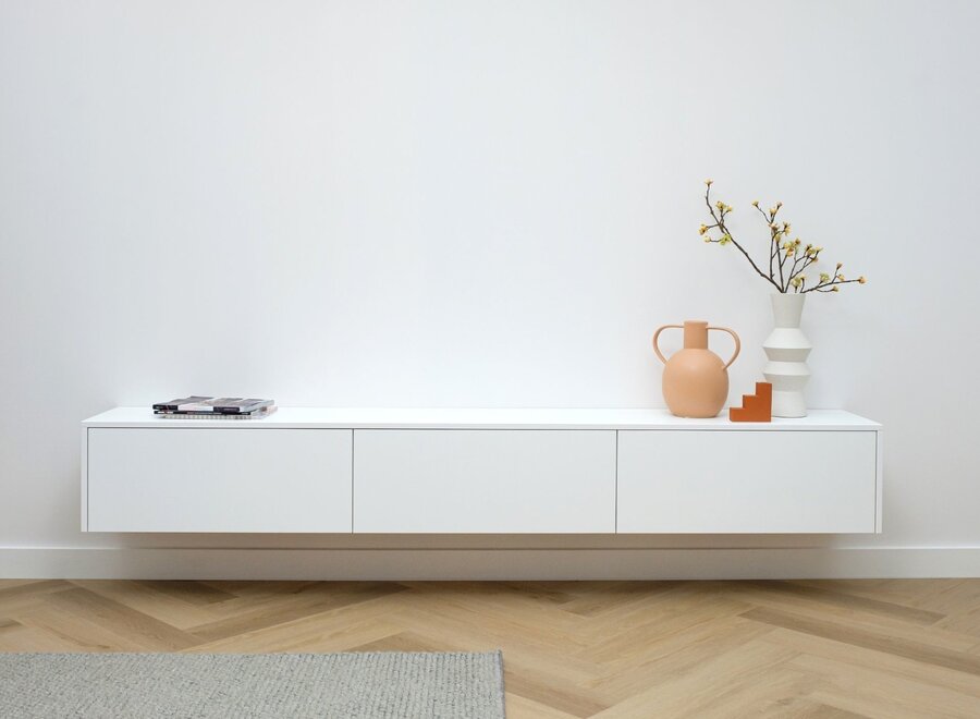 Zwevend Tv meubel met 3 kleppen in wit