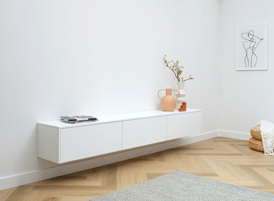 Zwevend Tv meubel met 3 kleppen in wit