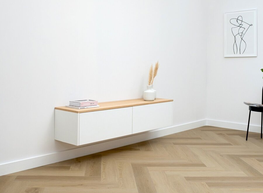 Tv meubel met 2 kleppen in wit en eiken blad