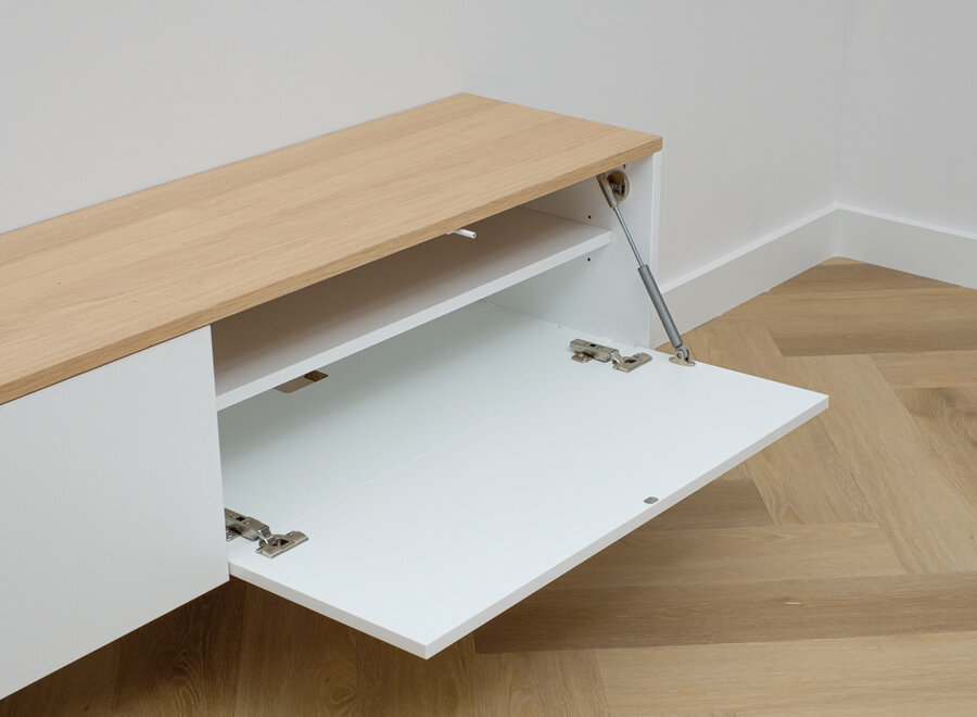 Zwevend tv meubel met 3 kleppen wit met eiken blad
