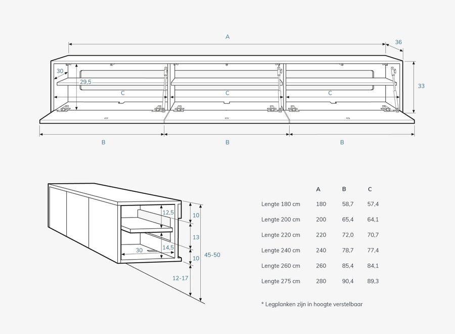 Zwevend tv meubel met 3 kleppen wit met eiken blad