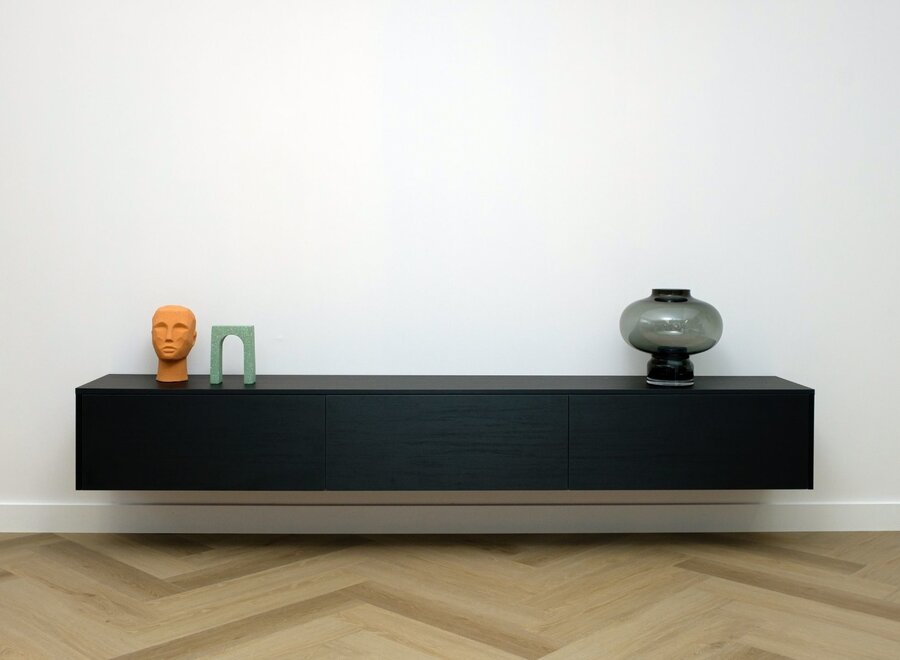 Zwevend tv meubel met 3 kleppen zwart eiken