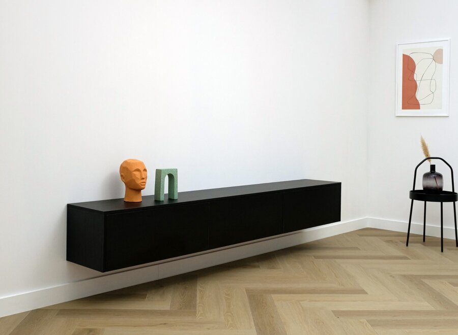 Zwevend tv meubel met 3 kleppen zwart eiken
