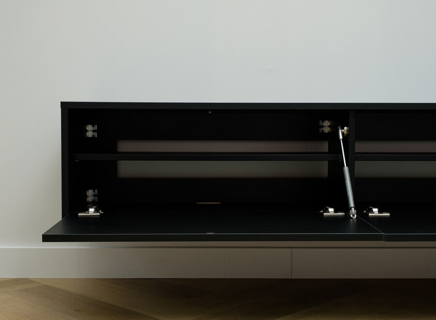 Zwevend tv meubel met 3 kleppen zwart eiken
