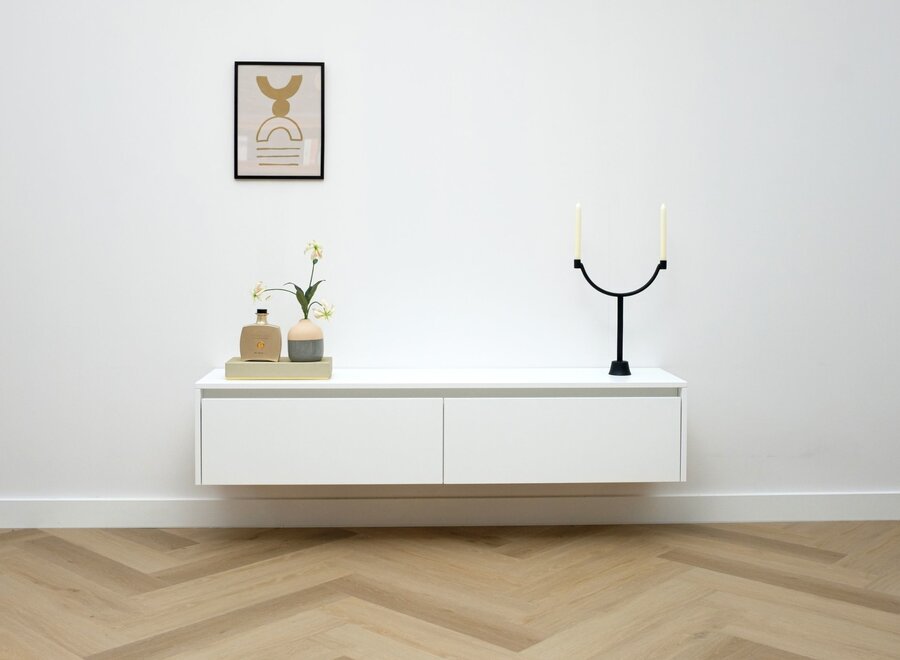 Zwevend tv meubel met 2 kleppen wit met greep