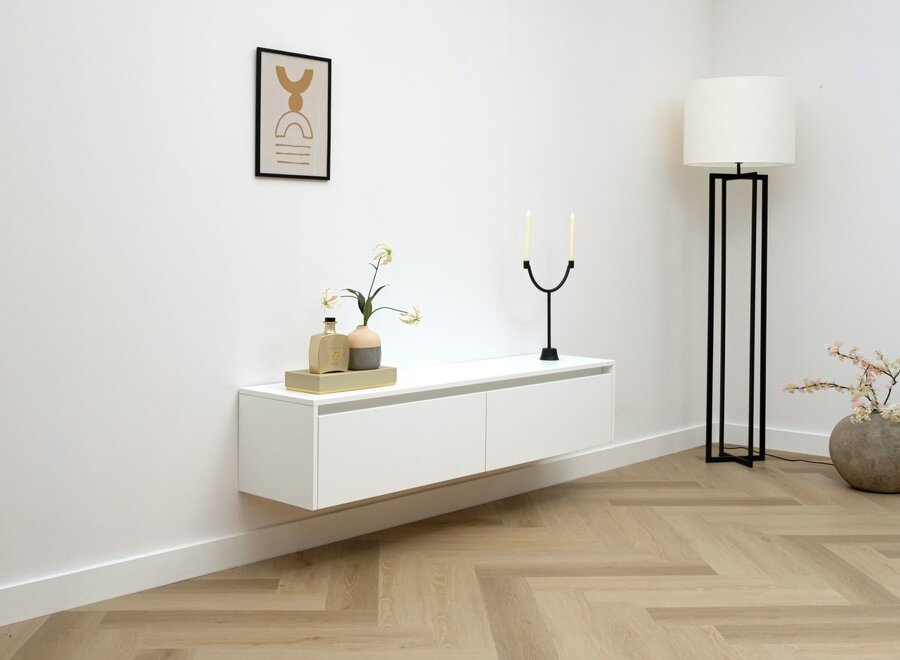 Zwevend tv meubel met 2 kleppen wit met greep