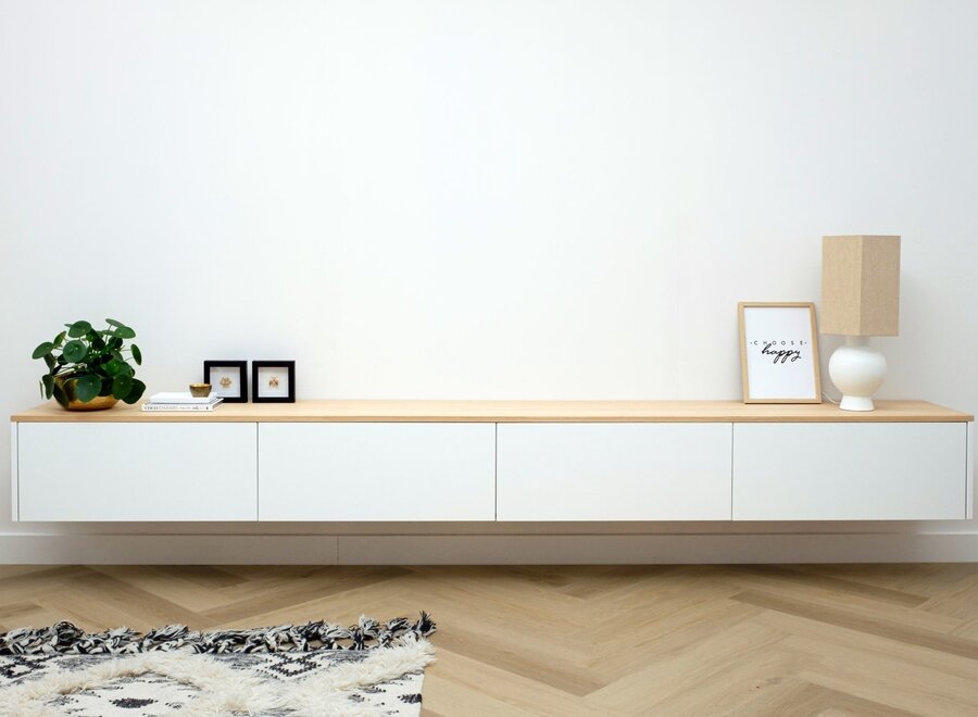 Tv meubel met 4 kleppen wit en eiken blad