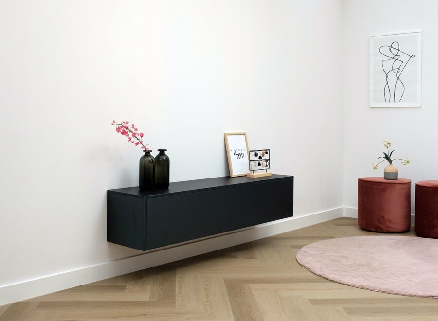 Zwevend tv meubel met 2 kleppen in zwart eiken