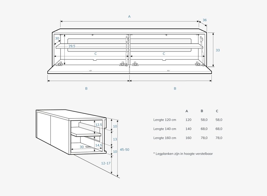 Zwevend tv meubel met 2 kleppen in zwart eiken