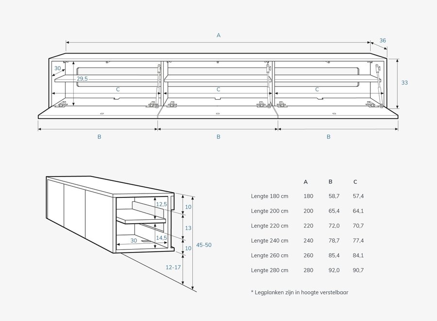 Tv meubel met 3 kleppen in eiken  in kleur naar keuze