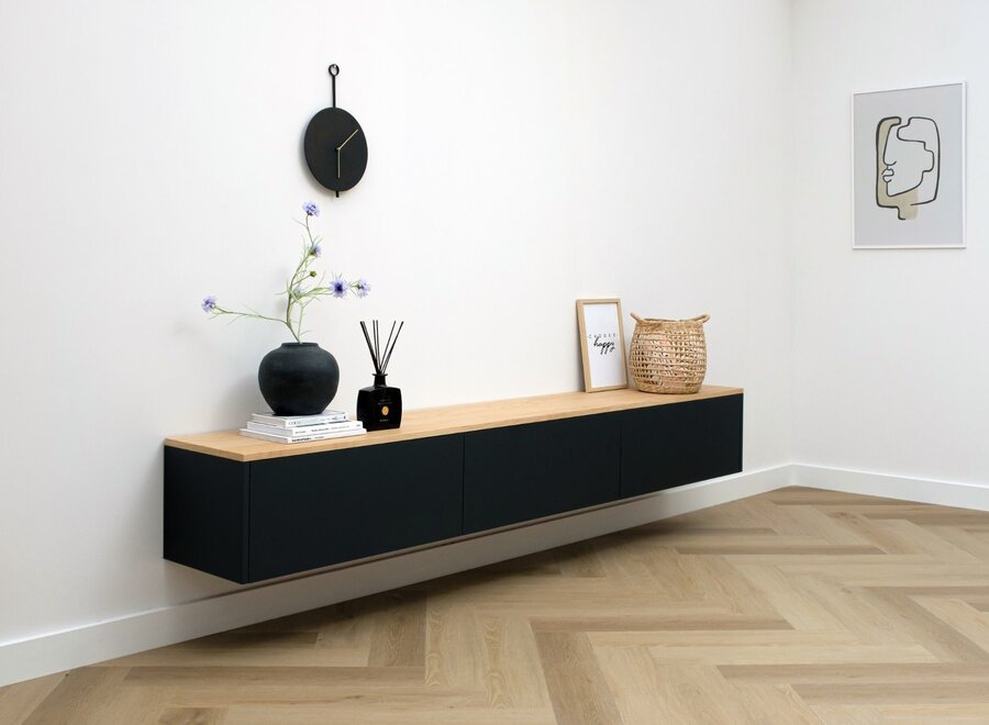 Zwevend tv meubel met 3 kleppen zwart met eiken blad