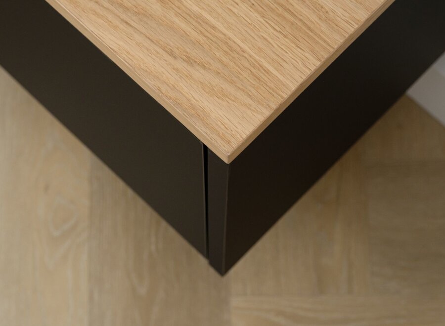 Zwevend tv meubel met 3 kleppen zwart met eiken blad