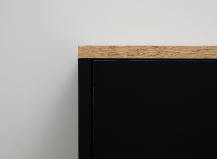 Zwevend tv meubel met 3 kleppen zwart met eiken blad