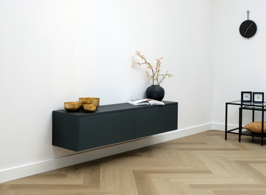 Zwevend Tv meubel met 2 kleppen uitgevoerd in eiken